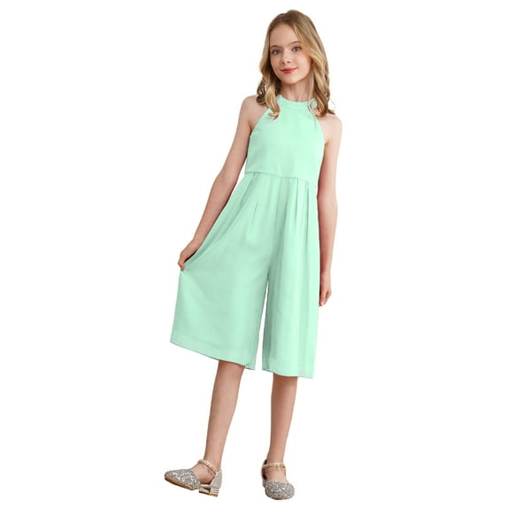 YEAHDOR Girls Chiffon Long Jumpsuit Summer Ruched Bodice Romper Wide Leg Jumpsuit Party Wear Mint Green-A 12