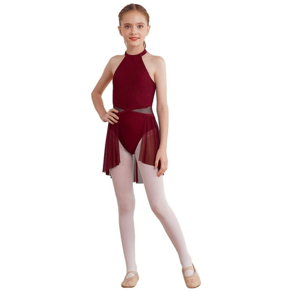 YEAHDOR Girls Chiffon Lyrical Modern Dance Dress Sparkle Sequin Ballet Leotard Dancewear Costume Burgundy 16