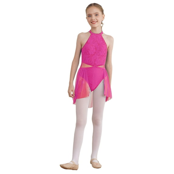 YEAHDOR Girls Chiffon Lyrical Modern Dance Dress Sparkle Sequin Ballet Leotard Dancewear Costume Rose 8