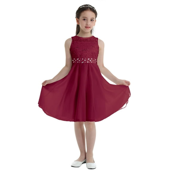 YEAHDOR Girls Chiffon Sequins Flower Girl Dress Floral Lace Princess Birthday Party Dress Red 2