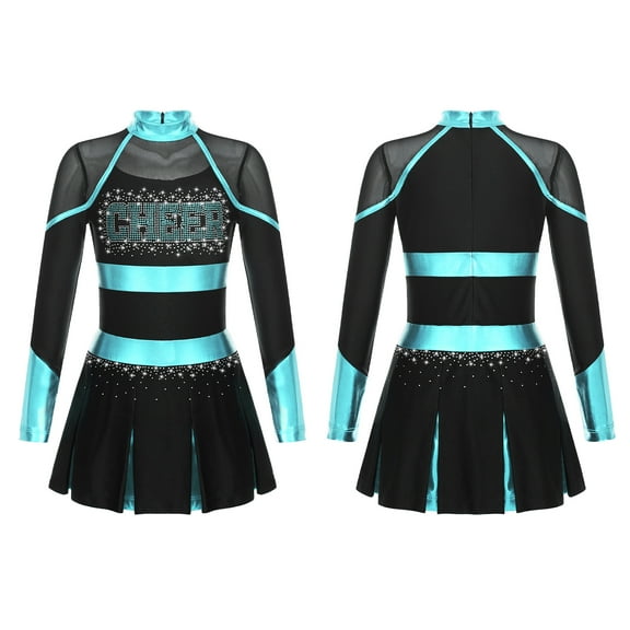 YEAHDOR Girls Children Cheerleading Outfit Schoolgirl Cheer Team Uniform Dancewear Long Sleeve Shiny Rhinestone Dress Black&Blue Green 6
