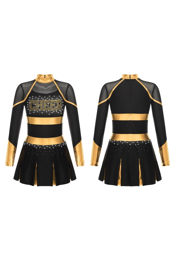 Girls Children Cheerleading Outfit Schoolgirl Cheer Team Uniform Dancewear Long Sleeve Shiny Rhinestone Dress Black&Gold 14