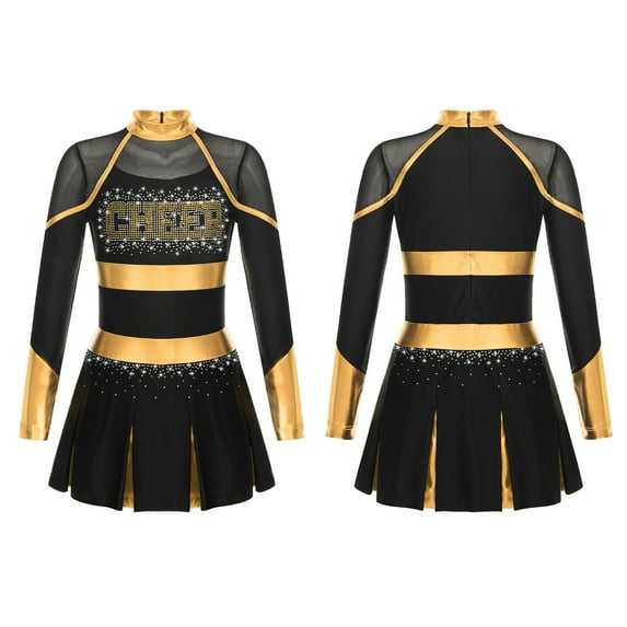 YEAHDOR Girls Children Cheerleading Outfit Schoolgirl Cheer Team Uniform Dancewear Long Sleeve Shiny Rhinestone Dress Black&Gold 8