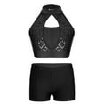 thumbnail image 1 of YEAHDOR Girls Dance Performance Gymnastics 2Pcs Outfit Halter Sparkle Sequins Crop Top with Shorts Black 14, 1 of 5