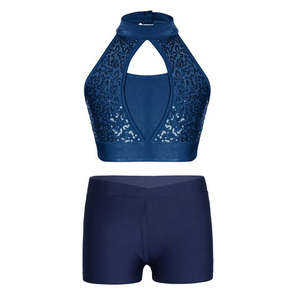 YEAHDOR Girls Dance Performance Gymnastics 2Pcs Outfit Halter Sparkle Sequins Crop Top with Shorts Navy Blue 8