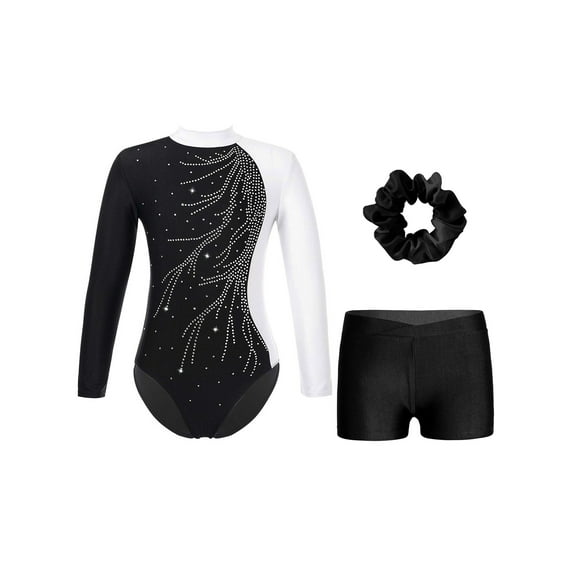 YEAHDOR Girls Gym Suit Glittery Long Sleeve Gymnastics Leotard with Short Hairband Sports Outfit Stage Performance Dancewear A White&Black 8