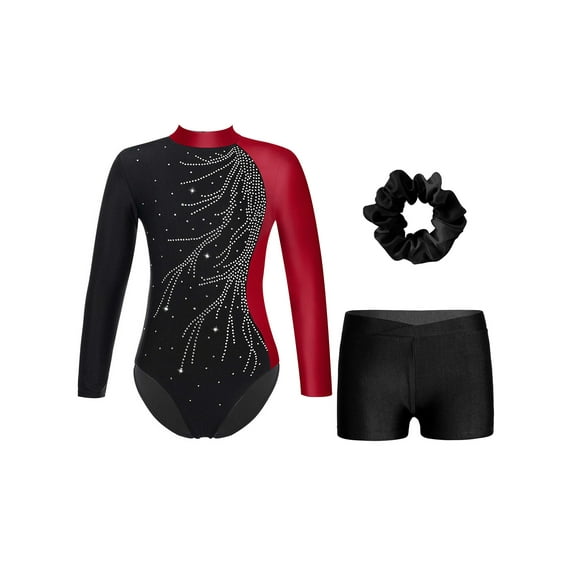 YEAHDOR Girls Gym Suit Glittery Long Sleeve Gymnastics Leotard with Short Hairband Sports Outfit Stage Performance Dancewear Burgundy&Black 14