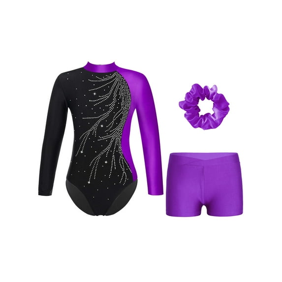 YEAHDOR Girls Gym Suit Glittery Long Sleeve Gymnastics Leotard with Short Hairband Sports Outfit Stage Performance Dancewear Purple 8