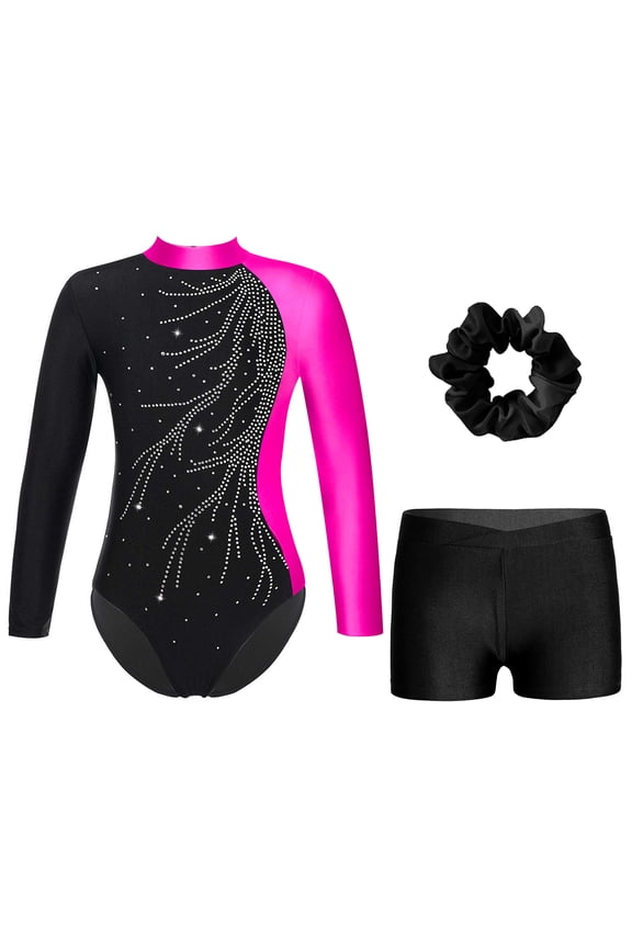 Girls Gym Suit Glittery Long Sleeve Gymnastics Leotard with Short Hairband Sports Outfit Stage Performance Dancewear Rose&Black 16