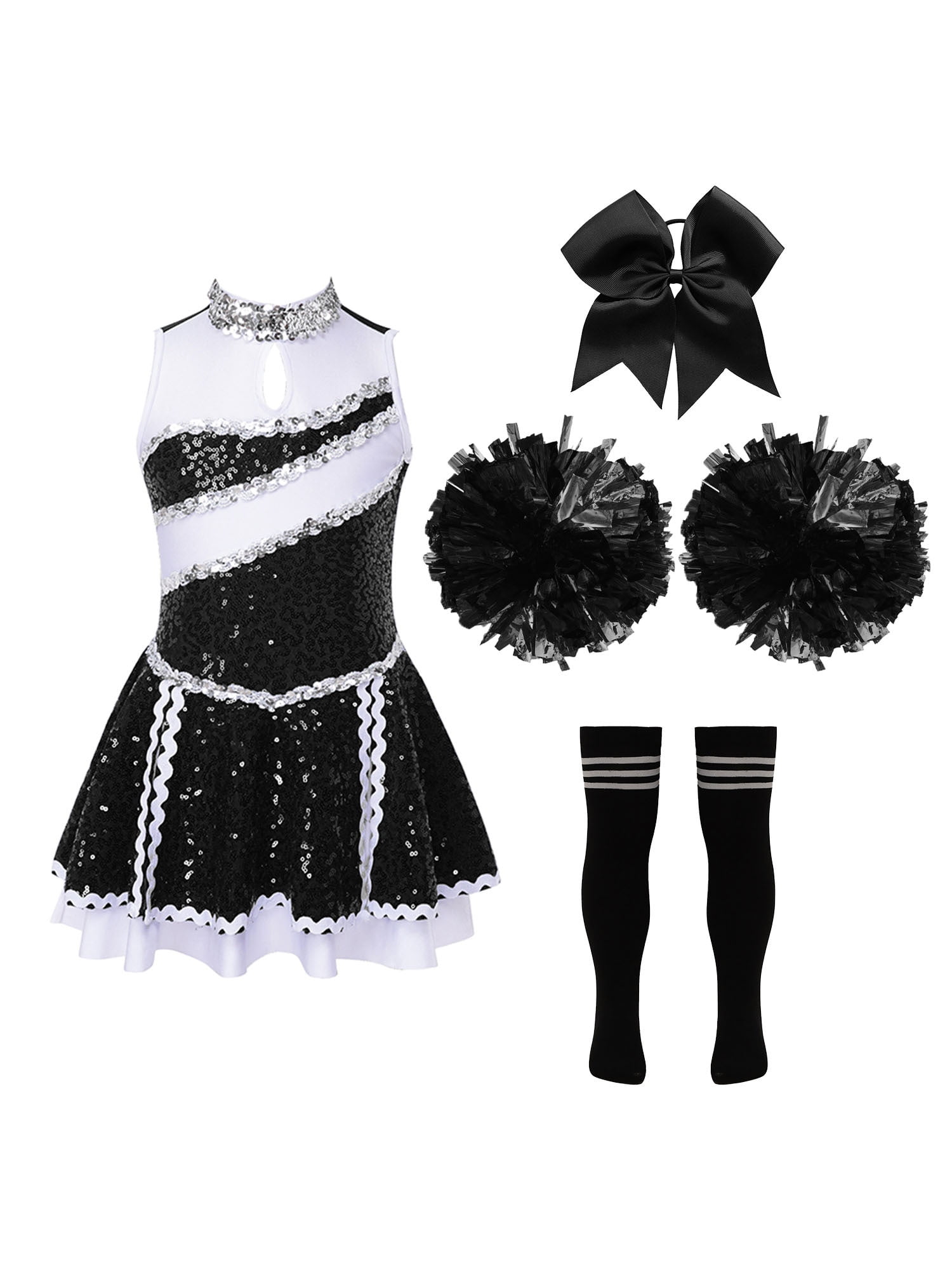 YEAHDOR Girls Halloween Carnival Party Fancy Dress Majorette Costume Cheers  Uniform Shiny Sequins Sleeveless Dress A Black\u0026White 10 - Walmart.com, image size:1500x2000
