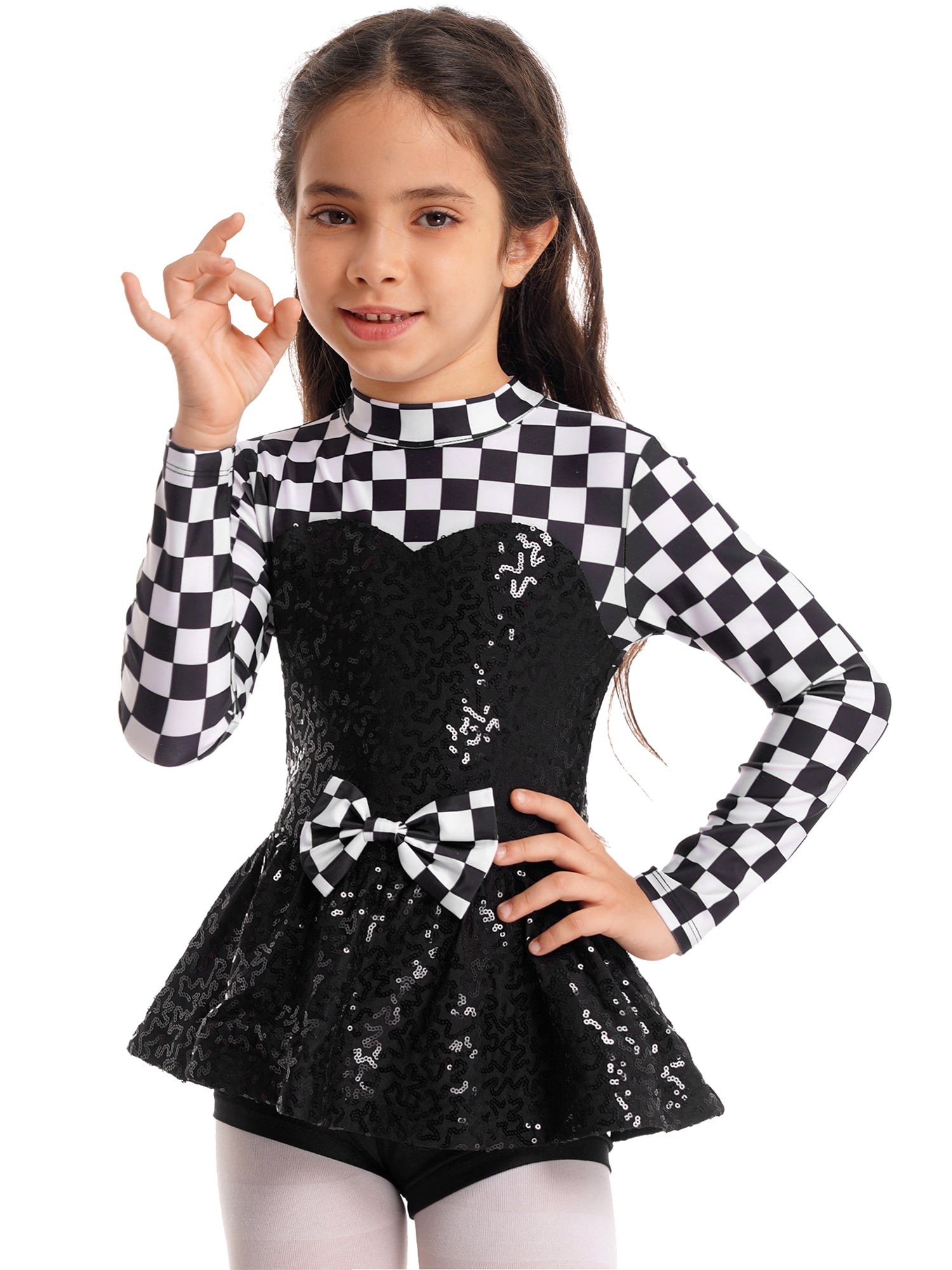 YEAHDOR Girls Halloween Racer Cosplay Costume Sequins Checker Printed
