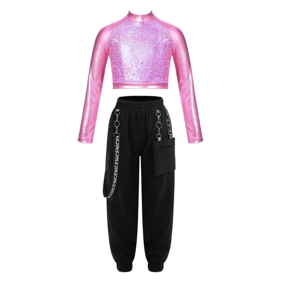 YEAHDOR Girls Hip Hop Dance 2Pcs Outfit Metallic Crop Top with Chain Pocket Pants Gym Yoga Suit Sportswear Pink 6
