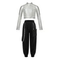 thumbnail image 1 of YEAHDOR Girls Hip Hop Dance 2Pcs Outfit Metallic Crop Top with Chain Pocket Pants Gym Yoga Suit Sportswear Silver 12, 1 of 5