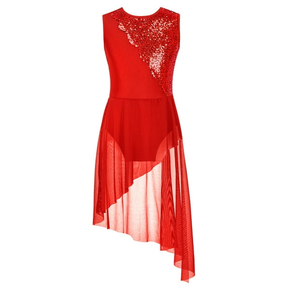 YEAHDOR Girls Irregular Hem Modern Lyrical Dance Dress Glittery Sequins Cutout Back Leotard Dress Performance Dancewear
