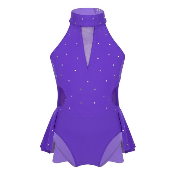 YEAHDOR Girls Juniors Ice Skating Ruffled Leotard Dance Outfit Rhinestone Cutout Back Ballet Dancewear Purple 12