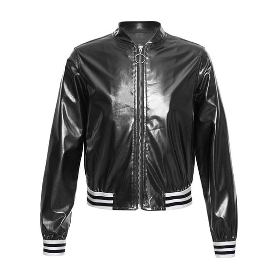 YEAHDOR Girls Juniors Jazz Hip Hop Dance Tops Costume Metallic Long Sleeve Jacket,Sizes 6-16 Black 12