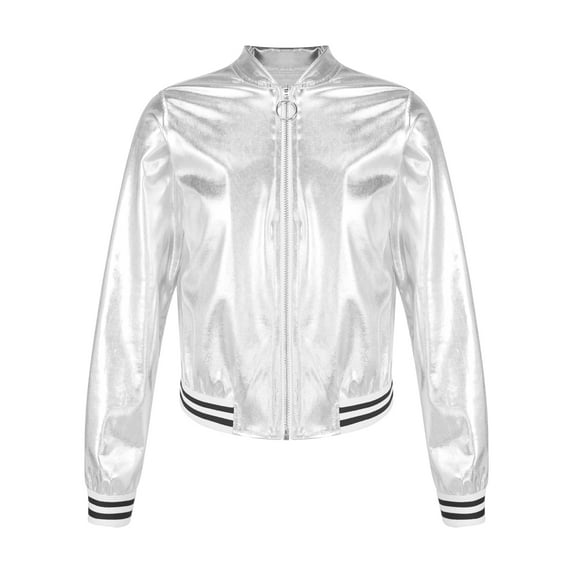 YEAHDOR Girls Juniors Jazz Hip Hop Dance Tops Costume Metallic Long Sleeve Jacket,Sizes 6-16 Silver 14