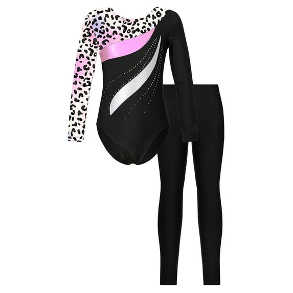 YEAHDOR Girls Juniors Long Sleeve Dancewear Shiny Rhinestones Leotard with Leggings Sports Gym Suit Dance Outfit Leopard 14