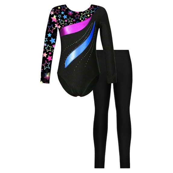 YEAHDOR Girls Juniors Long Sleeve Dancewear Shiny Rhinestones Leotard with Leggings Sports Gym Suit Dance Outfit Stars 14