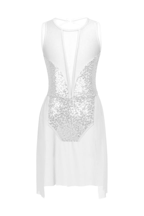 Girls Juniors Sequins Ballet Dress Sleeveless Mesh Skirted Leotard for Gymnastics Jazz Dance White 16
