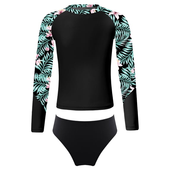 YEAHDOR Girls Long Sleeve 2Pcs Swimsuit Quickly Dry Swim Sweatshirt Tops with Briefs Sunsuit Beachwear Green&Black 16