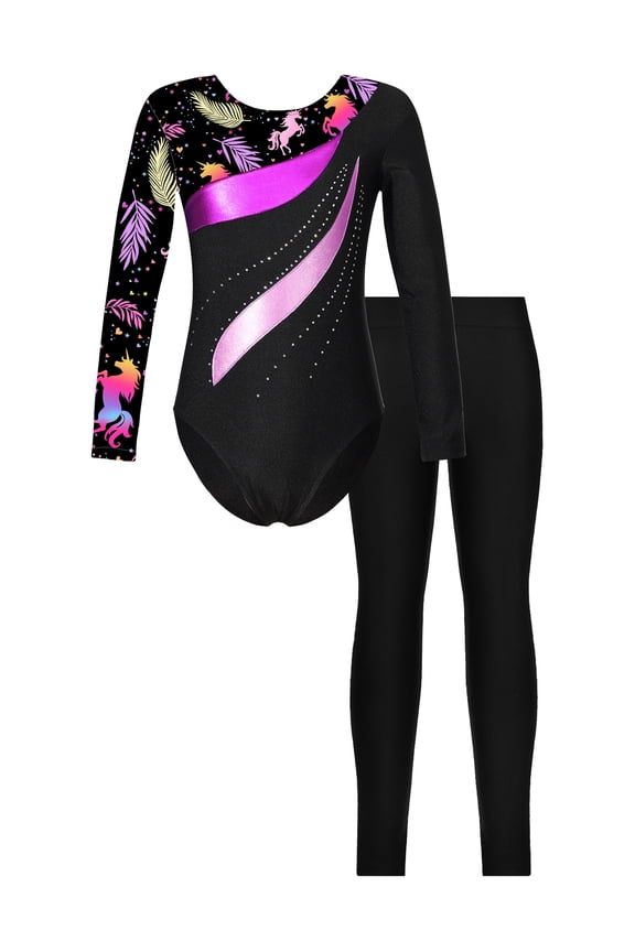 Girls Long Sleeve Gym Suit Activewear Shiny Rhinestone Leotard with Leggings Sports Skating Outfit Leaves 6