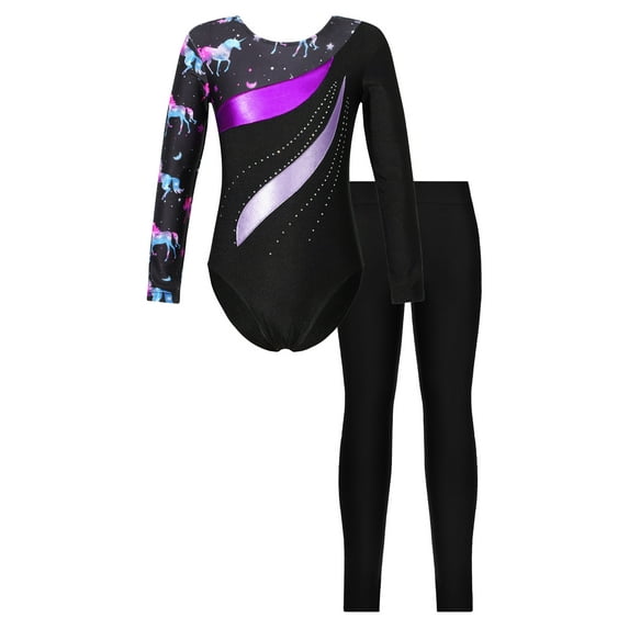 YEAHDOR Girls Long Sleeve Gym Suit Activewear Shiny Rhinestone Leotard with Leggings Sports Skating Outfit Pegasus 10