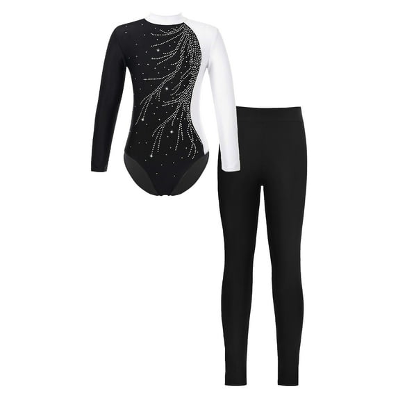 YEAHDOR Girls Long Sleeve Gym Suit Activewear Shiny Rhinestone Leotard with Leggings Sports Skating Outfit White&Black 12