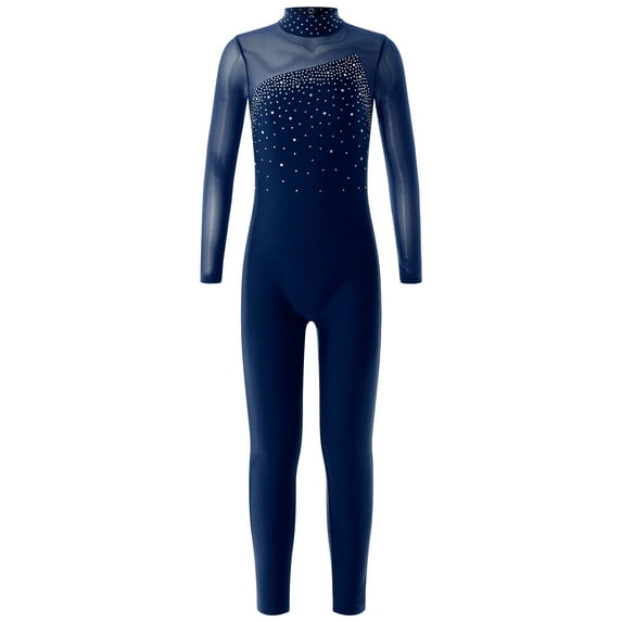 YEAHDOR Girls Long Sleeve Shiny Rhinestone Gymnastics Jumpsuit Juniors Ballet Dance Unitard Figure Skating Bodysuit Navy Blue 14