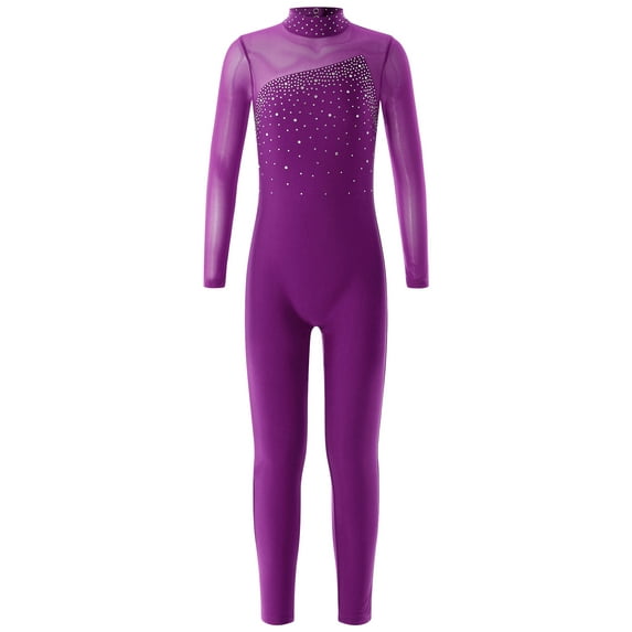 YEAHDOR Girls Long Sleeve Shiny Rhinestone Gymnastics Jumpsuit Juniors Ballet Dance Unitard Figure Skating Bodysuit Purple 16