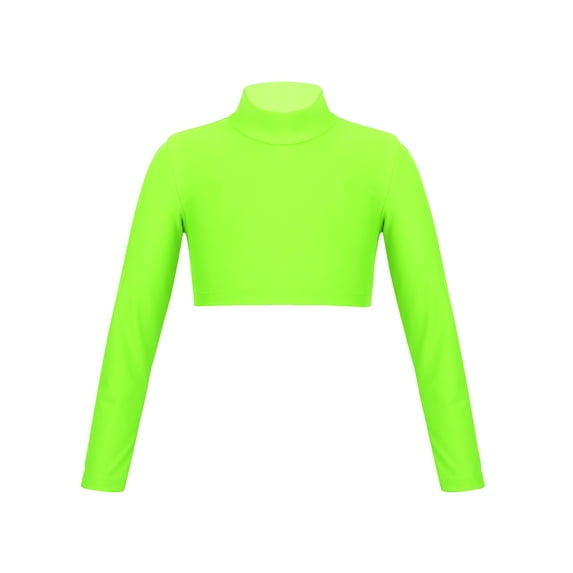 YEAHDOR Girls Long Sleeve Solid Color Tops Dance Performance Crop Top Dancewear Fluorescent Green 14
