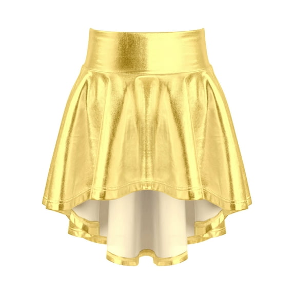 YEAHDOR Girls Metallic Glossy Flared Dance Skirt Holographic High Waist Jazz Hip Hop Performance Costume