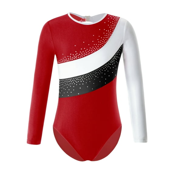 YEAHDOR Girls One Piece Gym Fitness Athletic Bodysuit Long Sleeve Rhinestone Ballet Dance Leotard A Red&White 12
