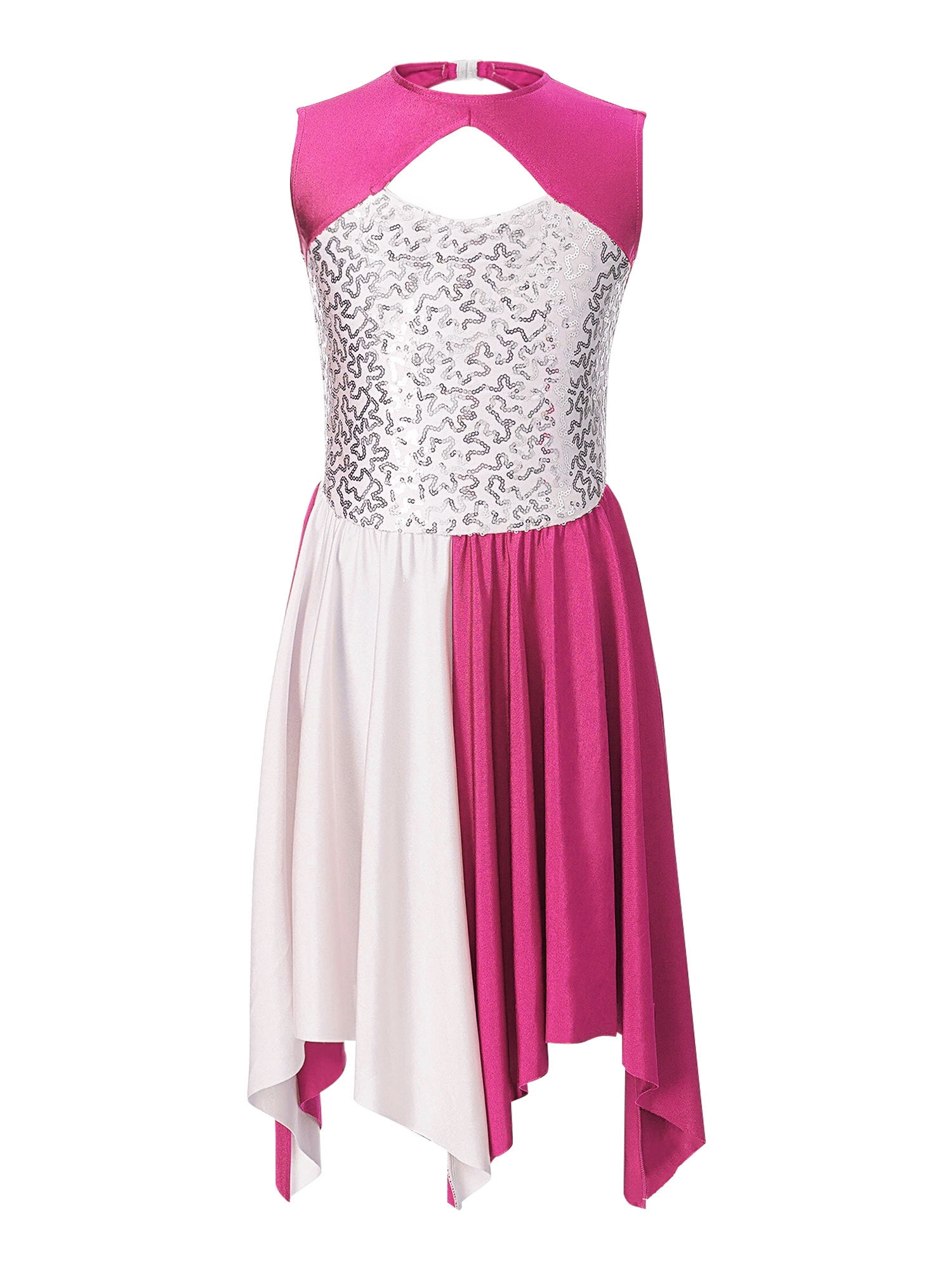 YEAHDOR Girls Overlay Liturgical Praise Dance Dress Contrast Color Asymmetrical Hem Contemporary Dance Costume Hot Pink A 10