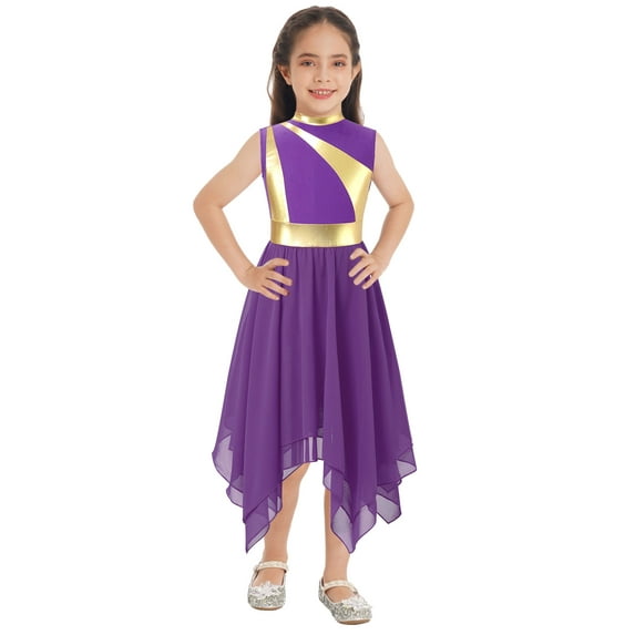 YEAHDOR Girls Overlay Liturgical Praise Dance Dress Contrast Color Asymmetrical Hem Contemporary Dance Costume Purple 12