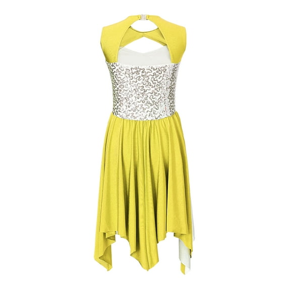 YEAHDOR Girls Overlay Liturgical Praise Dance Dress Contrast Color Asymmetrical Hem Contemporary Dance Costume Yellow-A 8