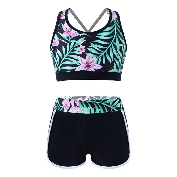 YEAHDOR Girls Printed Swimsuit Strappy Back Crop Top with Boy Shorts Bottoms Swimming Set Bathing Suit Black Lily 8