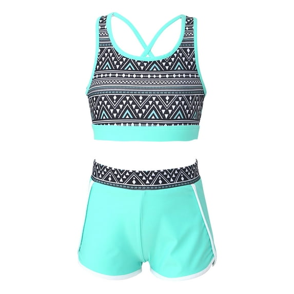 YEAHDOR Girls Printed Swimsuit Strappy Back Crop Top with Boy Shorts Bottoms Swimming Set Bathing Suit Mint Green 16