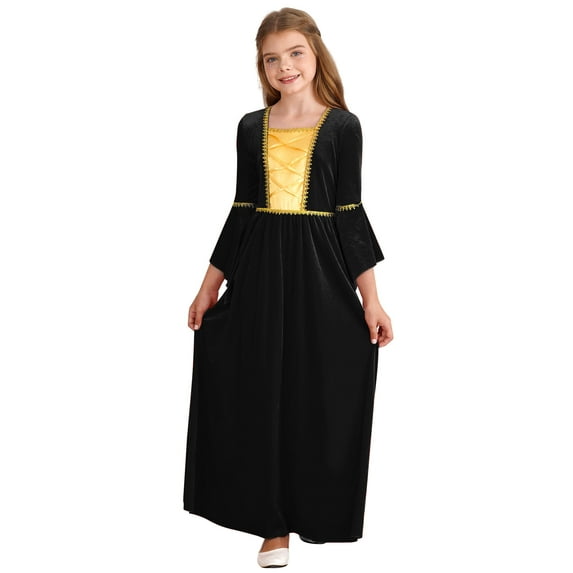 YEAHDOR Girls Renaissance Vintage Maxi Dress Velvet Long Bell Sleeve Medieval Princess Dress Up Costume Black-A 14