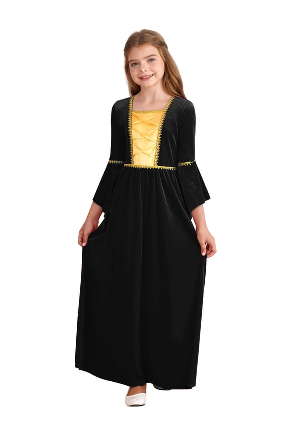 Girls Renaissance Vintage Maxi Dress Velvet Long Bell Sleeve Medieval Princess Dress Up Costume Black-A 8