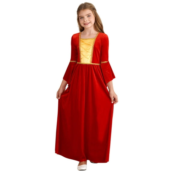 YEAHDOR Girls Renaissance Vintage Maxi Dress Velvet Long Bell Sleeve Medieval Princess Dress Up Costume Red-A 6