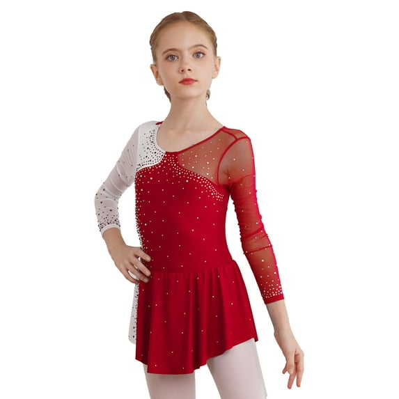 YEAHDOR Girls Rhinestones Mesh Figure Ice Skating Dress Long Sleeve Skirted Leotard Performance Costume Burgundy 16