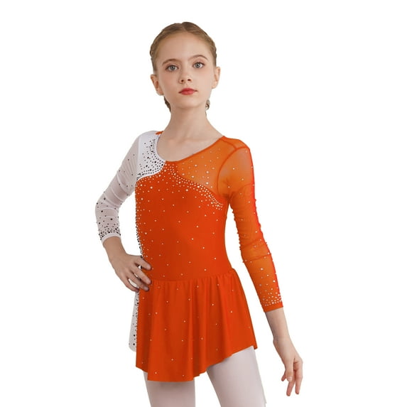 YEAHDOR Girls Rhinestones Mesh Figure Ice Skating Dress Long Sleeve Skirted Leotard Performance Costume Orange 6