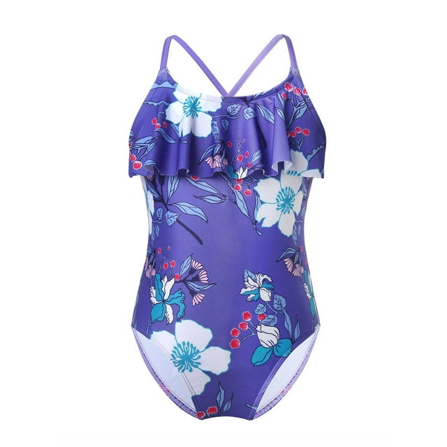 YEAHDOR Girls Ruffled Neck One Piece Swimsuit Floral Print Bodysuit