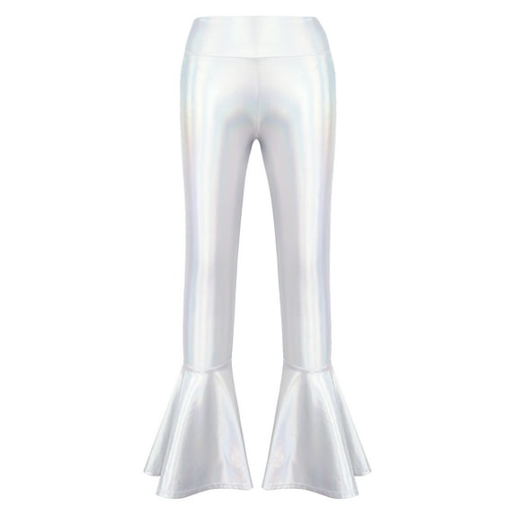 YEAHDOR Girls Shiny Metallic Jazz Dance Performance Costume Off Shoulder Crop Top with Bell Bottom Pants Dancewear Colorful Silver-A 16