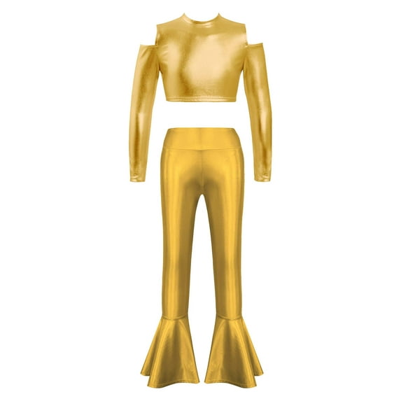 YEAHDOR Girls Shiny Metallic Jazz Dance Performance Costume Off Shoulder Crop Top with Bell Bottom Pants Dancewear Gold 10