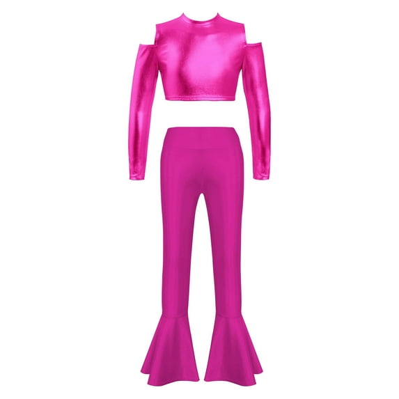 YEAHDOR Girls Shiny Metallic Jazz Dance Performance Costume Off Shoulder Crop Top with Bell Bottom Pants Dancewear Hot Pink 10