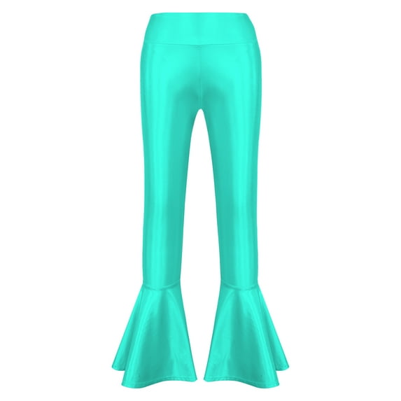 YEAHDOR Girls Shiny Metallic Jazz Dance Performance Costume Off Shoulder Crop Top with Bell Bottom Pants Dancewear Lake Green-A 8