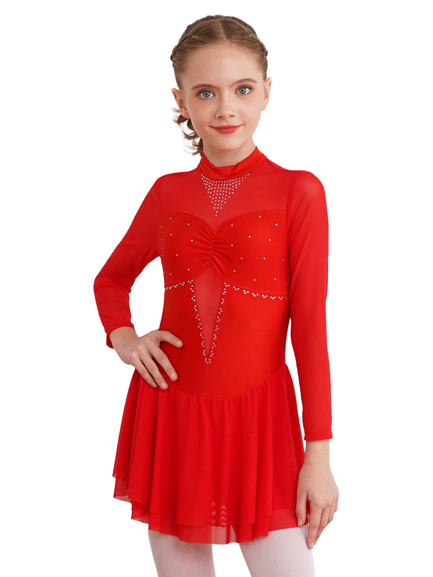 YEAHDOR Girls Shiny Rhinestones Ballet Dance Dress Long Sleeve Skating