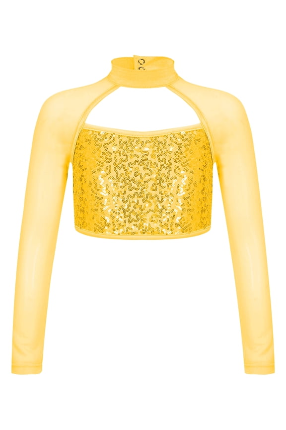 Girls Shiny Sequins Crop Top Mesh Long Sleeve Hollow Back Ballet Modern Dance Tops Shirt Dancewear